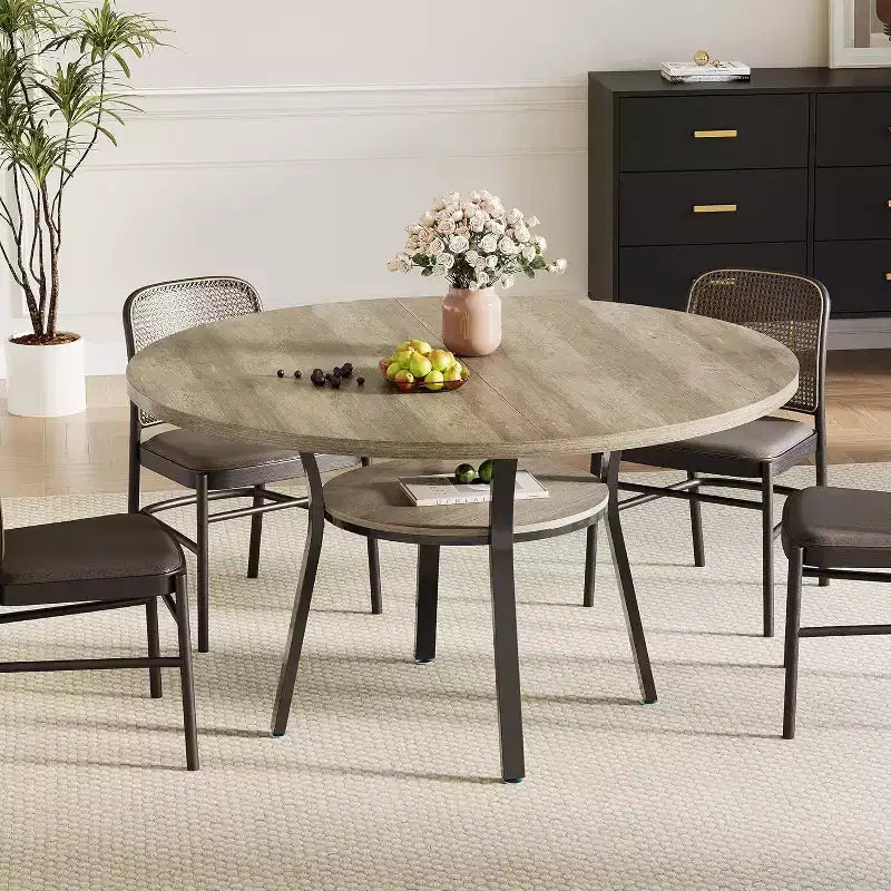 Tavolo da pranzo rotondo per 4 con ripiano contenitore – Nero / Grigio / Marrone rustico / Noce