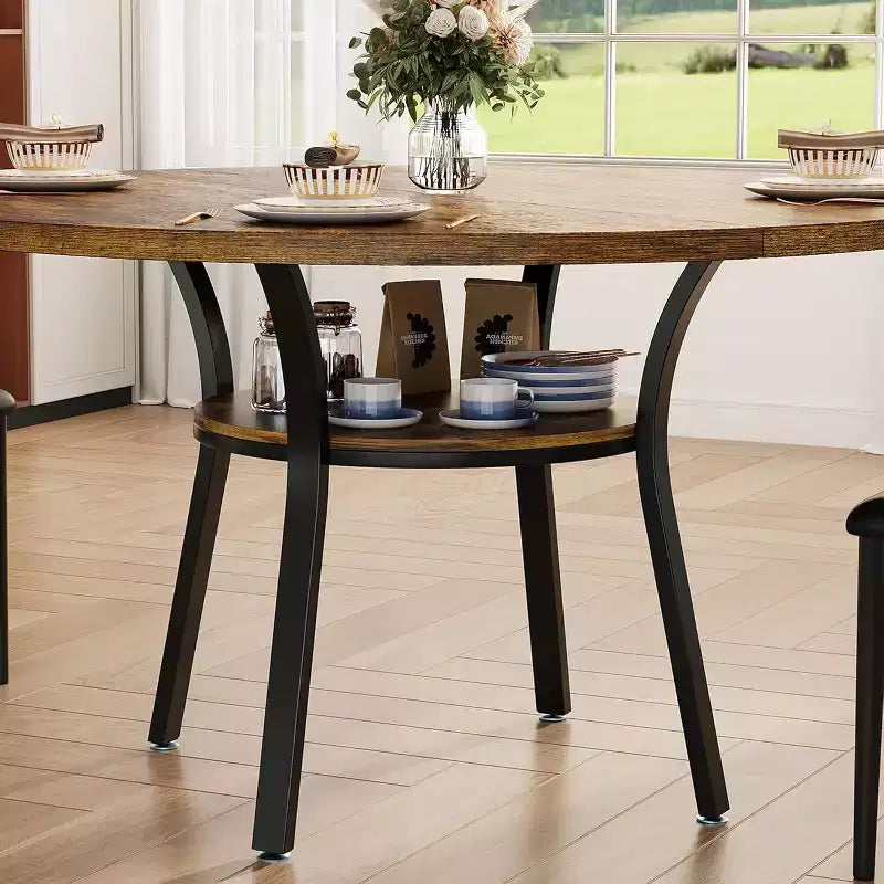 Tavolo da pranzo rotondo per 4 con ripiano contenitore – Nero / Grigio / Marrone rustico / Noce