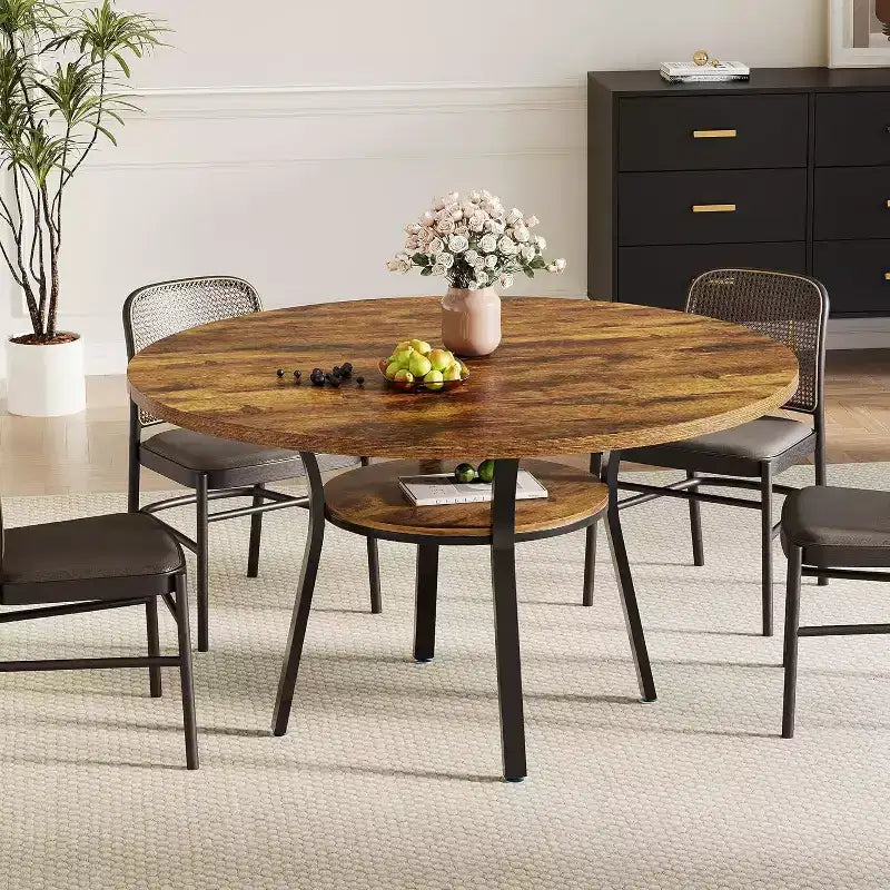 Tavolo da pranzo rotondo per 4 con ripiano contenitore – Nero / Grigio / Marrone rustico / Noce