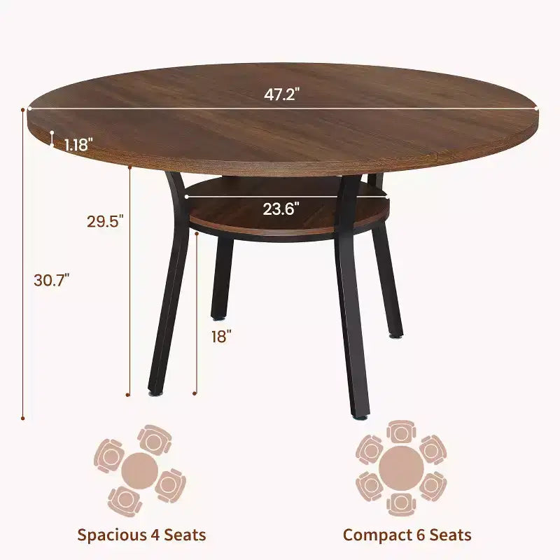 Tavolo da pranzo rotondo per 4 con ripiano contenitore – Nero / Grigio / Marrone rustico / Noce