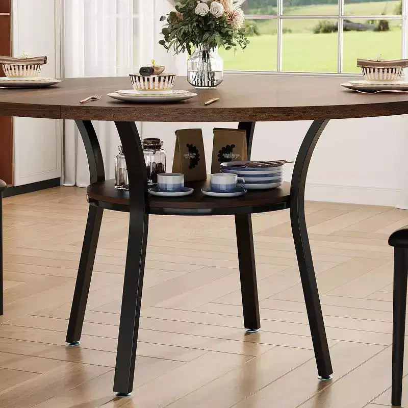 Tavolo da pranzo rotondo per 4 con ripiano contenitore – Nero / Grigio / Marrone rustico / Noce