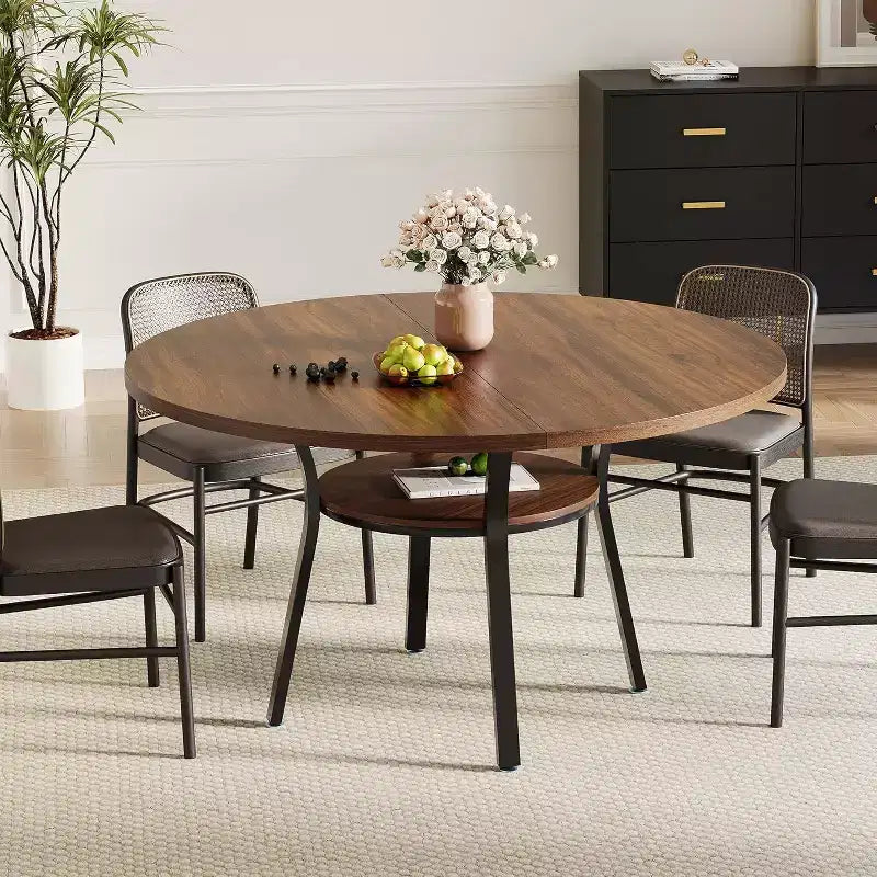 Tavolo da pranzo rotondo per 4 con ripiano contenitore – Nero / Grigio / Marrone rustico / Noce
