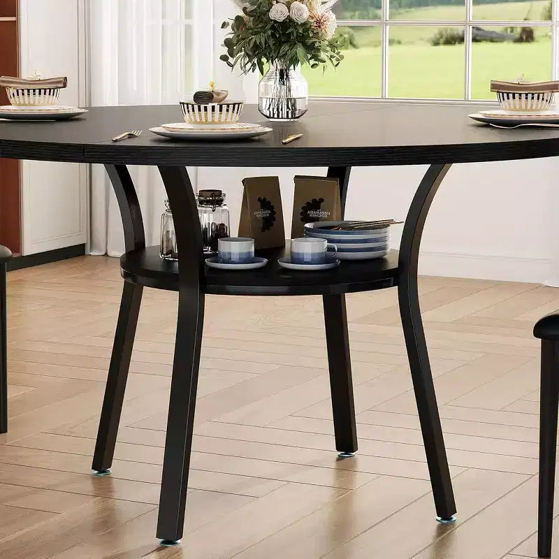 Tavolo da pranzo rotondo per 4 con ripiano contenitore – Nero / Grigio / Marrone rustico / Noce