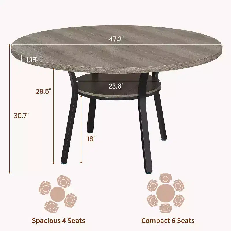 Tavolo da pranzo rotondo per 4 con ripiano contenitore – Nero / Grigio / Marrone rustico / Noce
