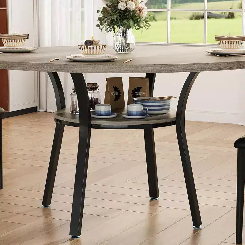 Tavolo da pranzo rotondo per 4 con ripiano contenitore – Nero / Grigio / Marrone rustico / Noce