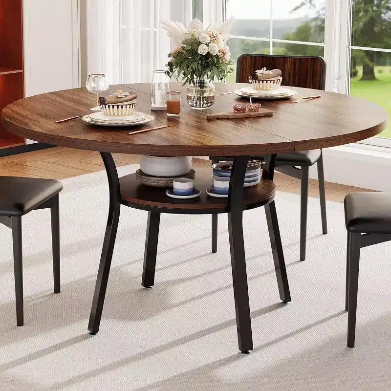 Tavolo da pranzo rotondo per 4 con ripiano contenitore – Nero / Grigio / Marrone rustico / Noce