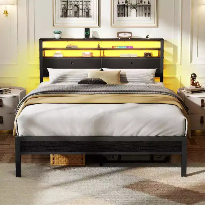 Struttura Letto Matrimoniale, Quercia Nera, LED RGB e Testiera Contenitore, Per 2