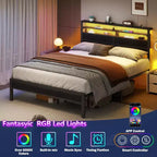 Struttura Letto Matrimoniale, Quercia Nera, LED RGB e Testiera Contenitore, Per 2