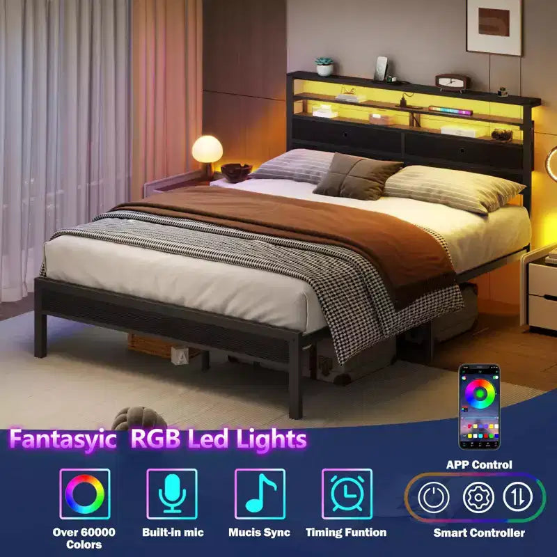 Struttura Letto Matrimoniale, Quercia Nera, LED RGB e Testiera Contenitore, Per 2