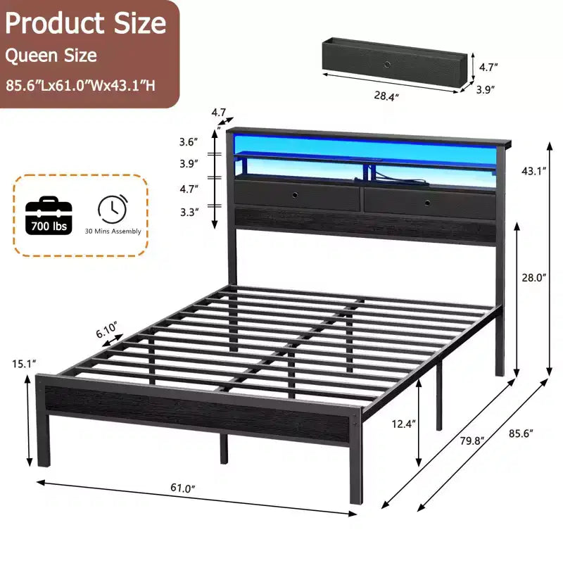 Struttura Letto Matrimoniale, Quercia Nera, LED RGB e Testiera Contenitore, Per 2