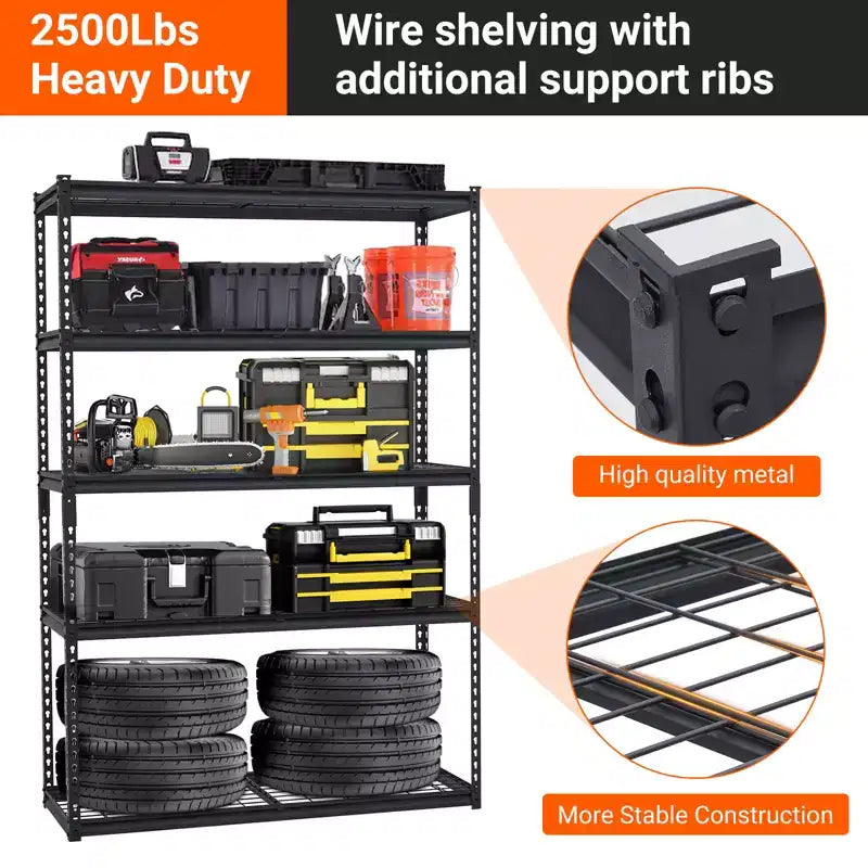 Scaffale in filo d'acciaio nero a 5 ripiani, regolabile, 1134 kg, assemblaggio 1-2 persone