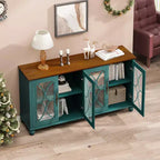 Credenza a 4 ante Beige/Verde Scuro con vetro temperato, montaggio per una sola persona