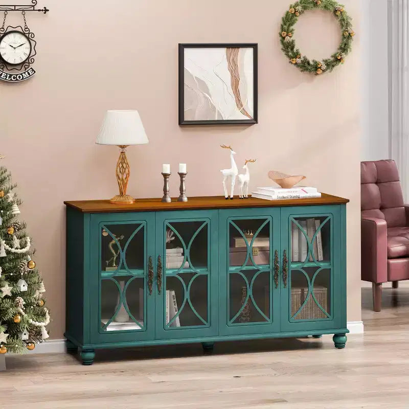 Credenza a 4 ante Beige/Verde Scuro con vetro temperato, montaggio per una sola persona