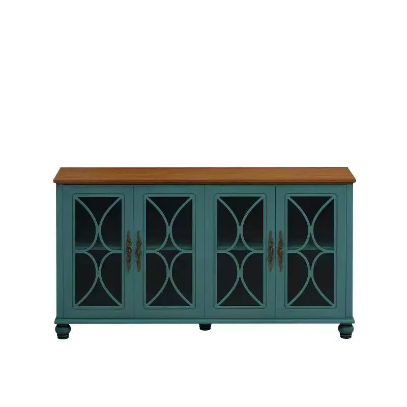 Credenza a 4 ante Beige/Verde Scuro con vetro temperato, montaggio per una sola persona