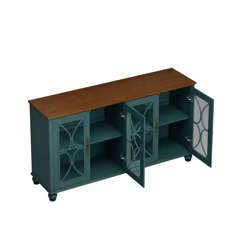 Credenza a 4 ante Beige/Verde Scuro con vetro temperato, montaggio per una sola persona