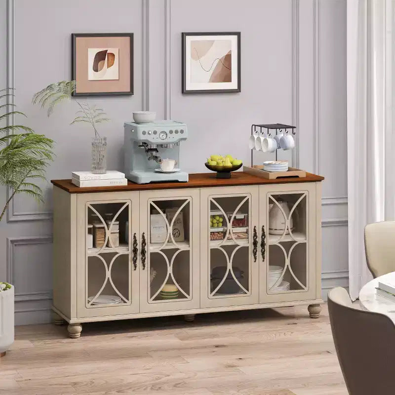 Credenza a 4 ante Beige/Verde Scuro con vetro temperato, montaggio per una sola persona