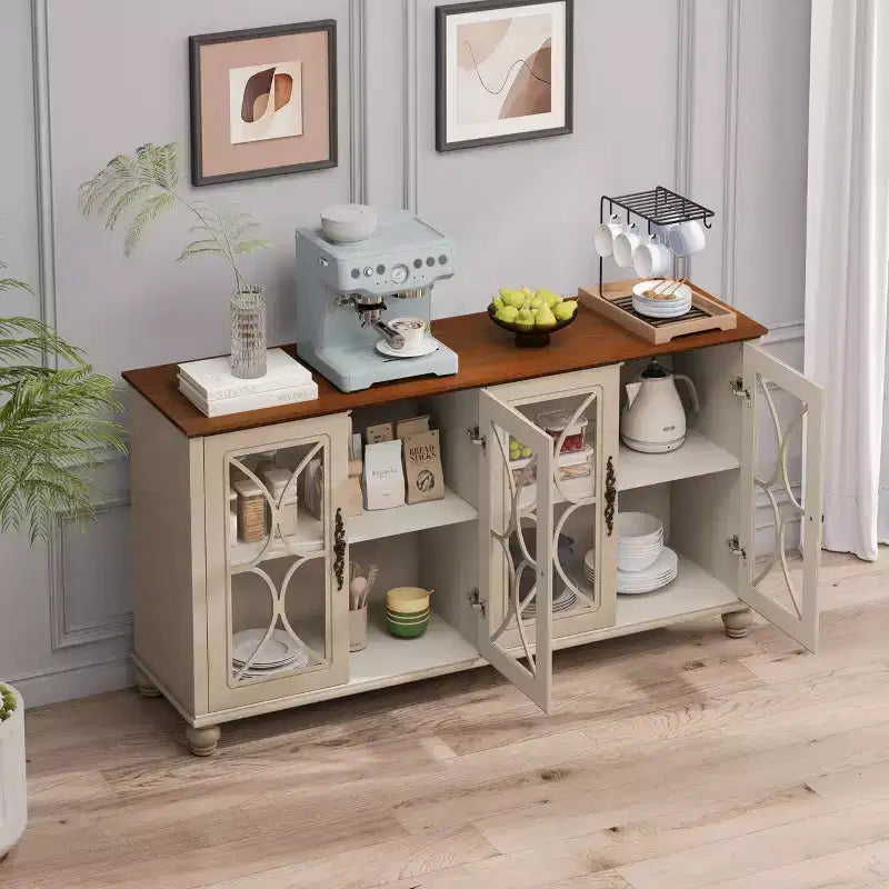 Credenza a 4 ante Beige/Verde Scuro con vetro temperato, montaggio per una sola persona