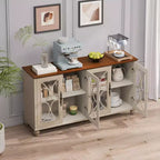 Credenza a 4 ante Beige/Verde Scuro con vetro temperato, montaggio per una sola persona