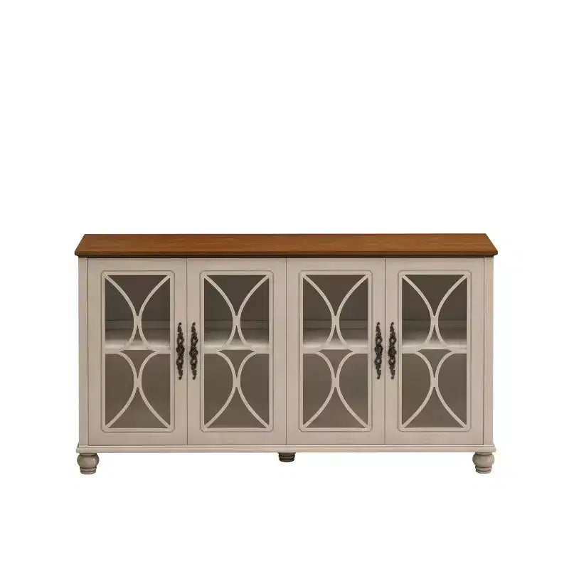 Credenza a 4 ante Beige/Verde Scuro con vetro temperato, montaggio per una sola persona