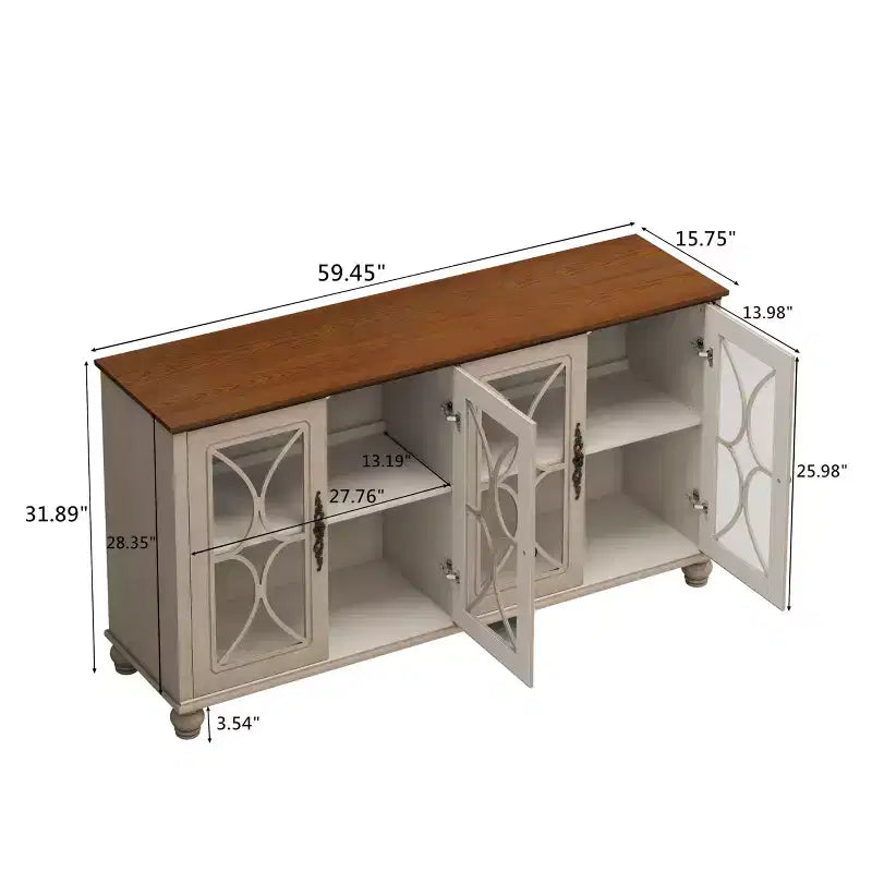 Credenza a 4 ante Beige/Verde Scuro con vetro temperato, montaggio per una sola persona