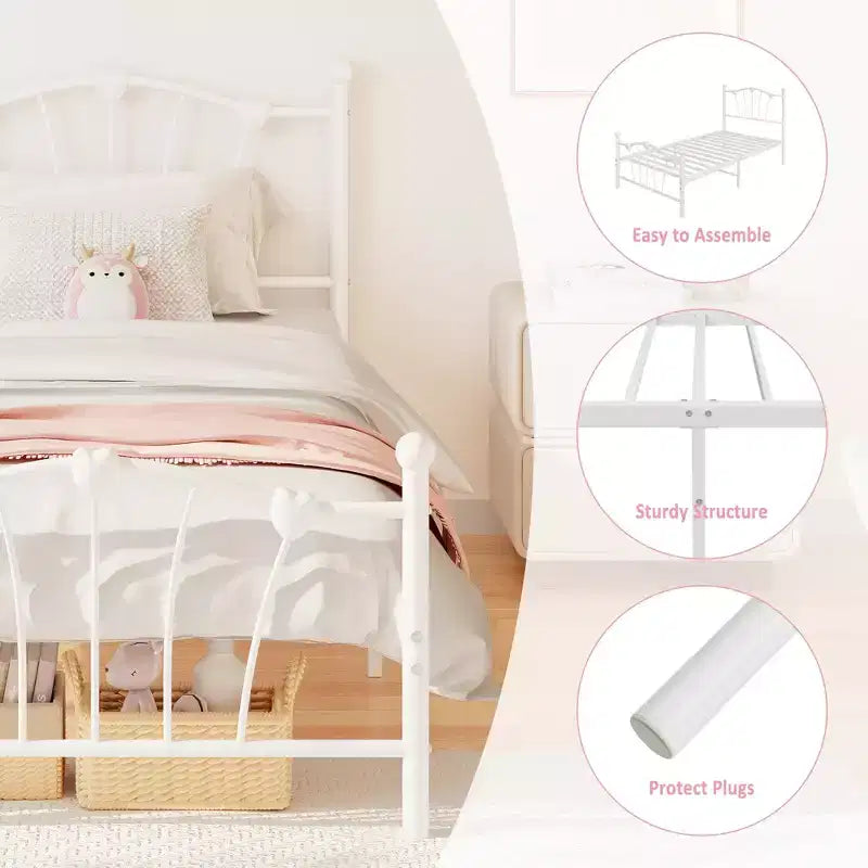 Struttura letto a piattaforma in metallo a forma di cuore rosa/bianco – Twin XL, 1 persona