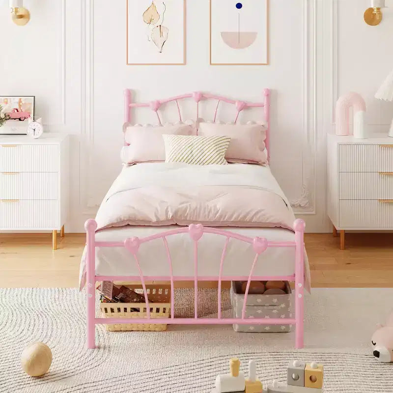 Struttura letto a piattaforma in metallo a forma di cuore rosa/bianco – Twin XL, 1 persona