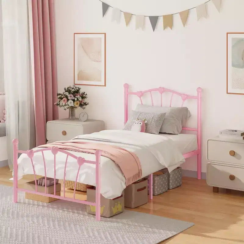 Struttura letto a piattaforma in metallo a forma di cuore rosa/bianco – Twin XL, 1 persona