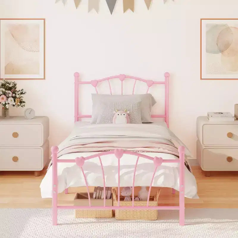 Struttura letto a piattaforma in metallo a forma di cuore rosa/bianco – Twin XL, 1 persona