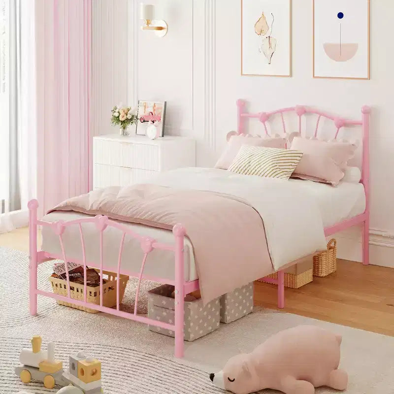 Struttura letto a piattaforma in metallo a forma di cuore rosa/bianco – Twin XL, 1 persona