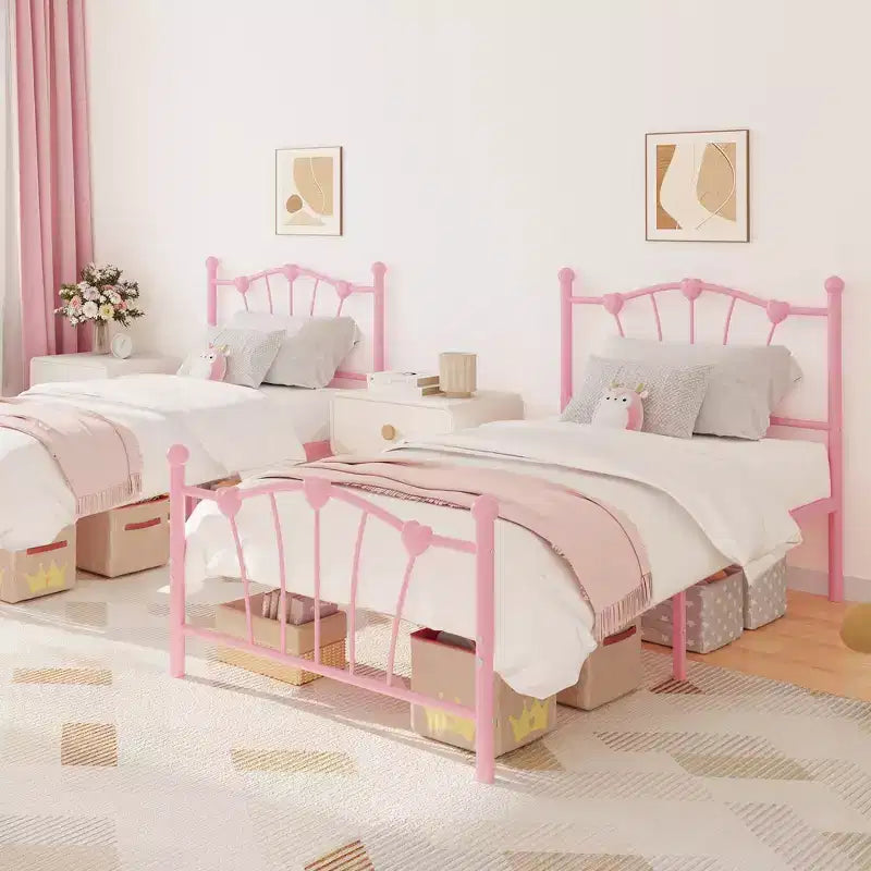 Struttura letto a piattaforma in metallo a forma di cuore rosa/bianco – Twin XL, 1 persona