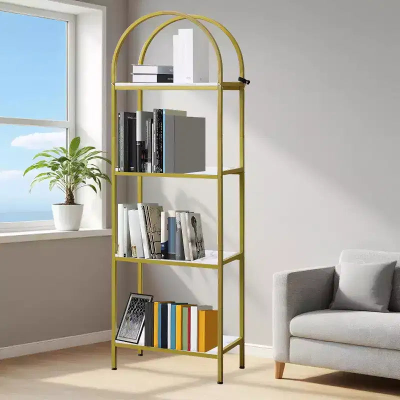 Libreria ad arco nera / marrone / bianca, a 4 o 5 ripiani, a giorno, montaggio da 1 persona