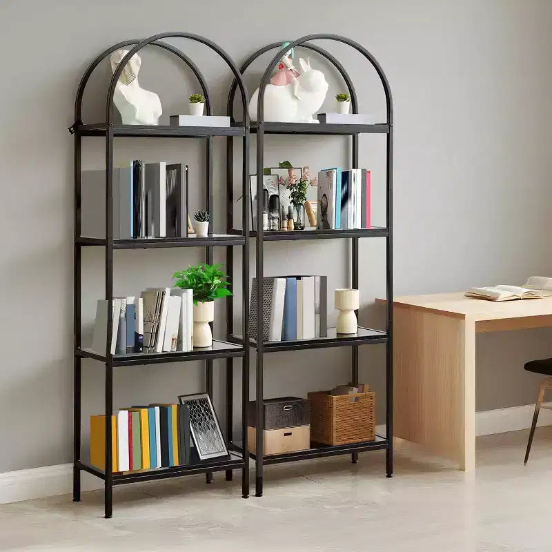 Libreria ad arco nera / marrone / bianca, a 4 o 5 ripiani, a giorno, montaggio da 1 persona