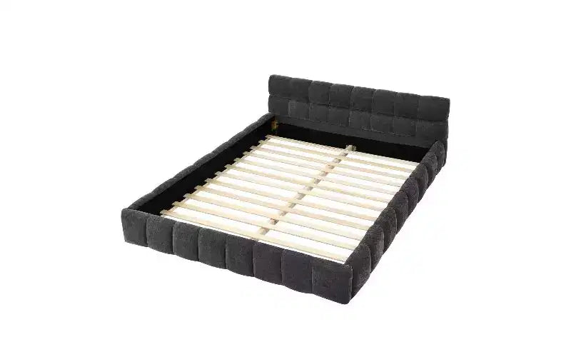 Telaio letto a piattaforma imbottito in ciniglia beige/blu-verde/grigio scuro/rosa con testiera, Queen, 1 persona