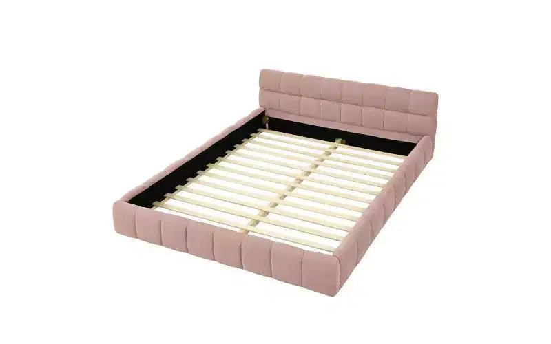 Telaio letto a piattaforma imbottito in ciniglia beige/blu-verde/grigio scuro/rosa con testiera, Queen, 1 persona
