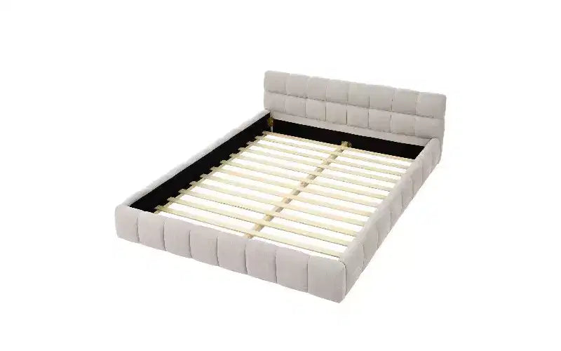 Telaio letto a piattaforma imbottito in ciniglia beige/blu-verde/grigio scuro/rosa con testiera, Queen, 1 persona