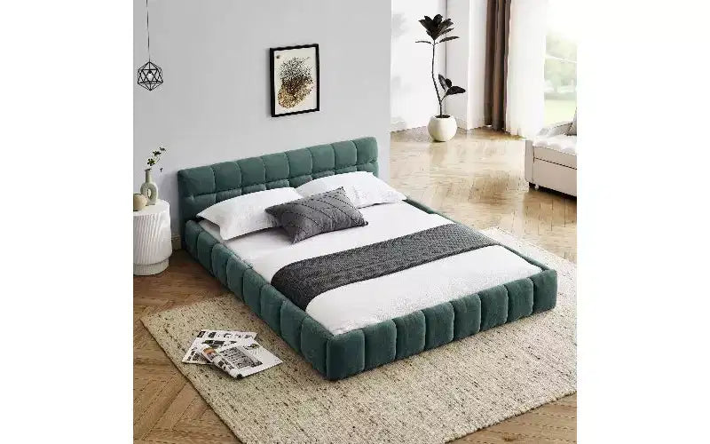 Telaio letto a piattaforma imbottito in ciniglia beige/blu-verde/grigio scuro/rosa con testiera, Queen, 1 persona