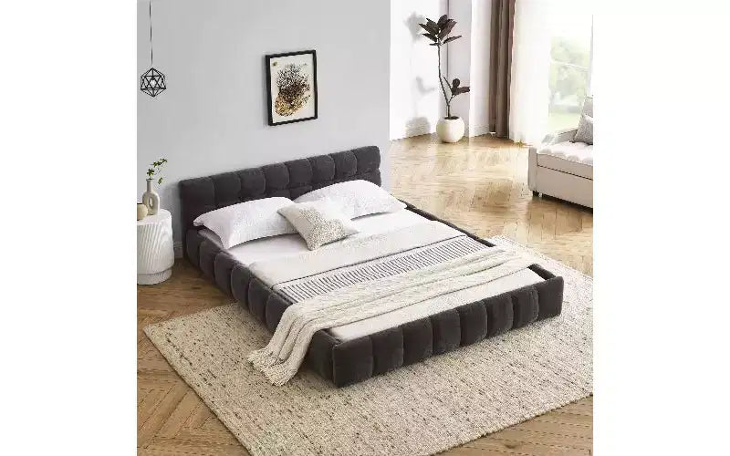 Telaio letto a piattaforma imbottito in ciniglia beige/blu-verde/grigio scuro/rosa con testiera, Queen, 1 persona
