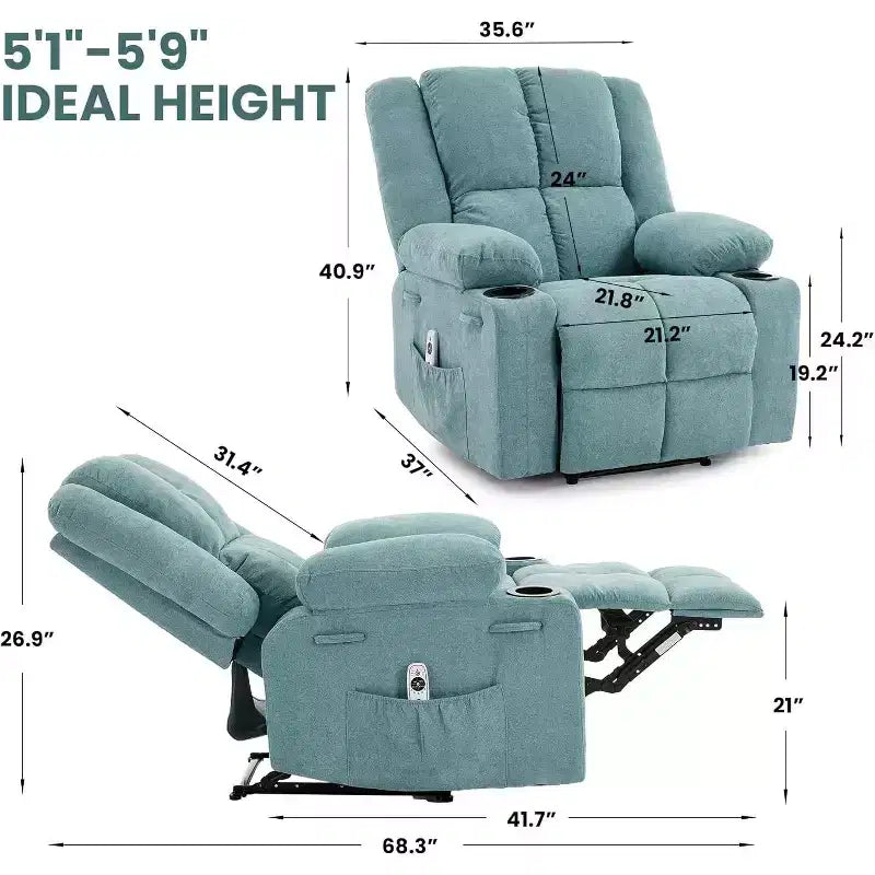 Poltrona Reclinabile Oversize Marrone/Grigio/Azzurro con Massaggio e Poggiapiedi, Posto Singolo