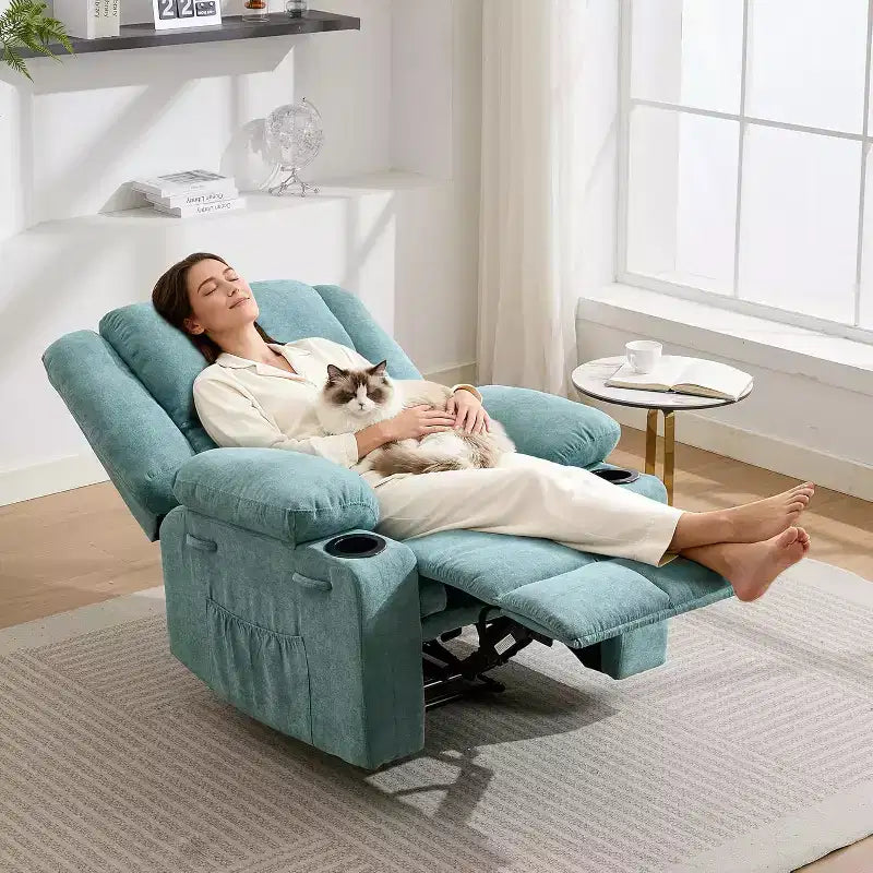 Poltrona Reclinabile Oversize Marrone/Grigio/Azzurro con Massaggio e Poggiapiedi, Posto Singolo