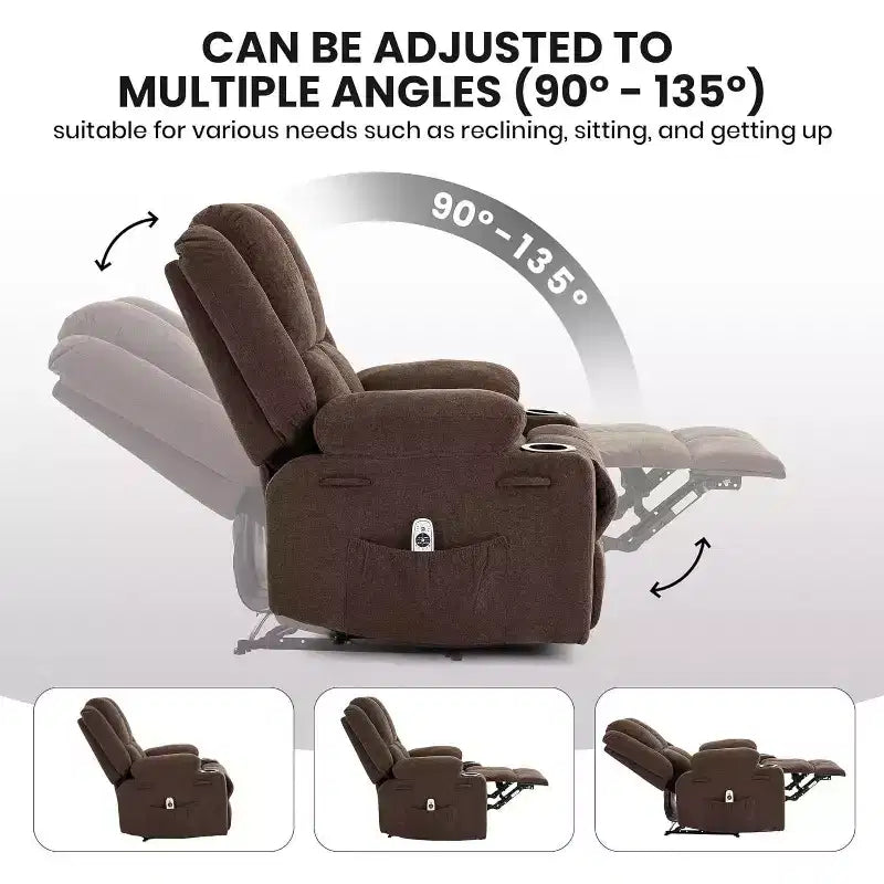 Poltrona Reclinabile Oversize Marrone/Grigio/Azzurro con Massaggio e Poggiapiedi, Posto Singolo