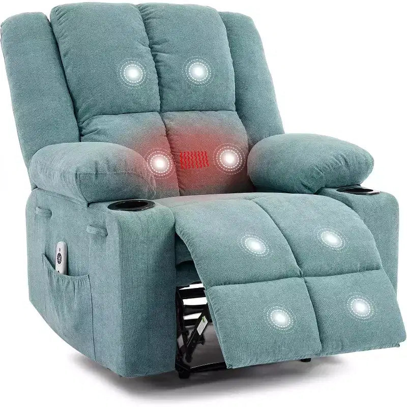 Poltrona Reclinabile Oversize Marrone/Grigio/Azzurro con Massaggio e Poggiapiedi, Posto Singolo