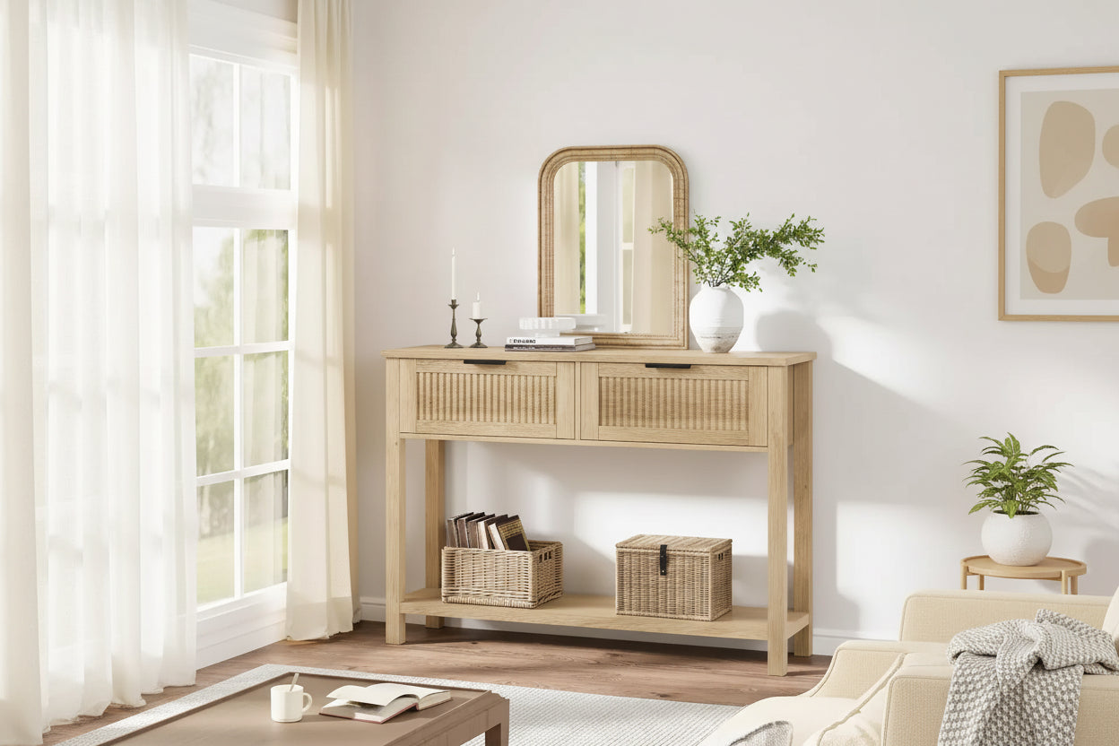Fluted Entrance Table with 2 drawers, Console Table for Entrance, Wooden Sofa Table for Living Room, Hallway, Hallway, Burlywood