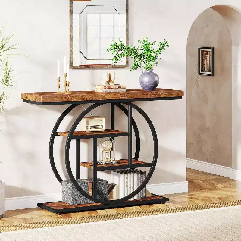 Tavolo Consolle Industriale, Base a 4 Livelli a Cerchio, Nero/Marrone/Grigio/Bianco, Portata fino a 45 kg