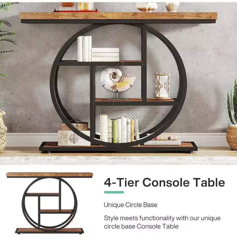 Tavolo Consolle Industriale, Base a 4 Livelli a Cerchio, Nero/Marrone/Grigio/Bianco, Portata fino a 45 kg