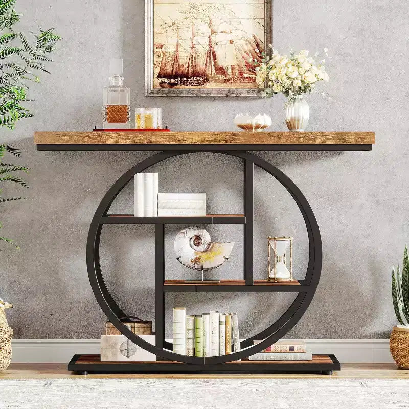 Tavolo Consolle Industriale, Base a 4 Livelli a Cerchio, Nero/Marrone/Grigio/Bianco, Portata fino a 45 kg