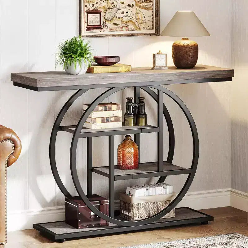 Tavolo Consolle Industriale, Base a 4 Livelli a Cerchio, Nero/Marrone/Grigio/Bianco, Portata fino a 45 kg