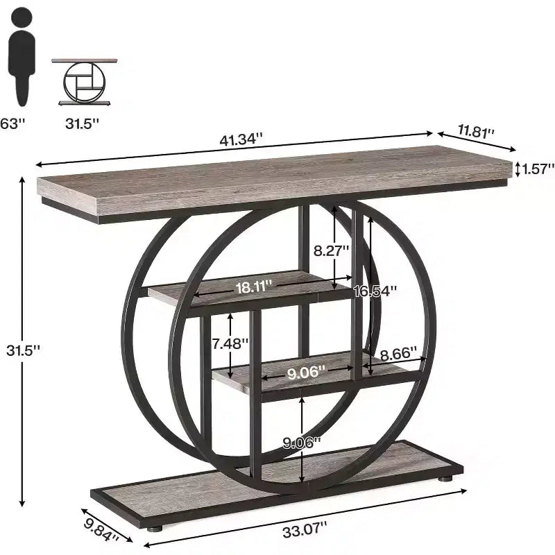 Tavolo Consolle Industriale, Base a 4 Livelli a Cerchio, Nero/Marrone/Grigio/Bianco, Portata fino a 45 kg