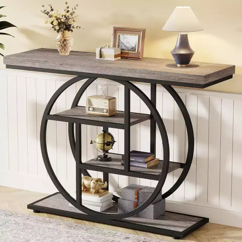 Tavolo Consolle Industriale, Base a 4 Livelli a Cerchio, Nero/Marrone/Grigio/Bianco, Portata fino a 45 kg