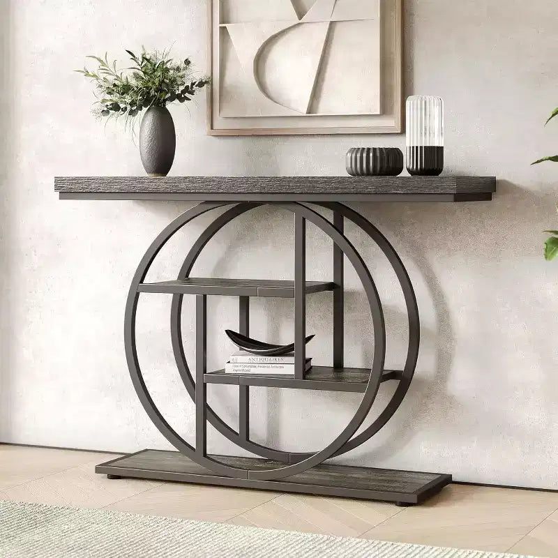 Tavolo Consolle Industriale, Base a 4 Livelli a Cerchio, Nero/Marrone/Grigio/Bianco, Portata fino a 45 kg