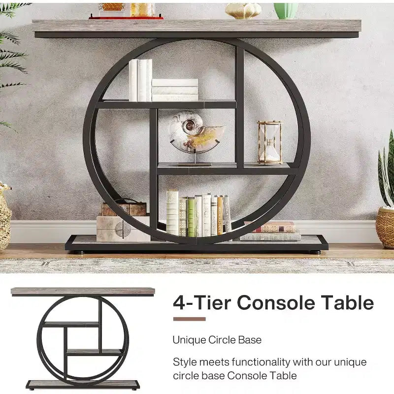 Tavolo Consolle Industriale, Base a 4 Livelli a Cerchio, Nero/Marrone/Grigio/Bianco, Portata fino a 45 kg